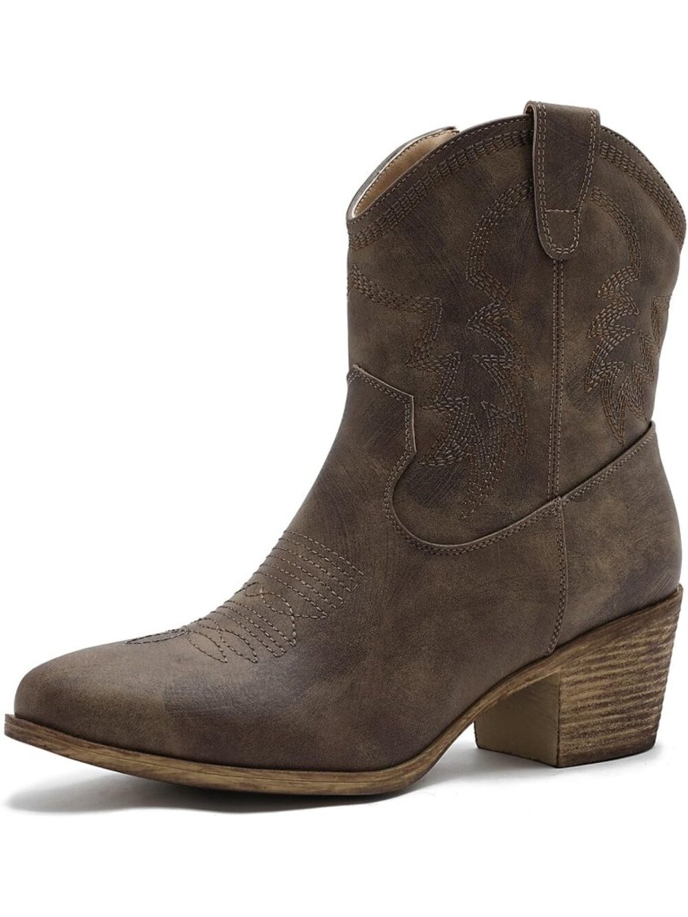 Women's Brown 1 Pointed Toe Cowgirl Faux Leather Side Zipper Ankle Booties